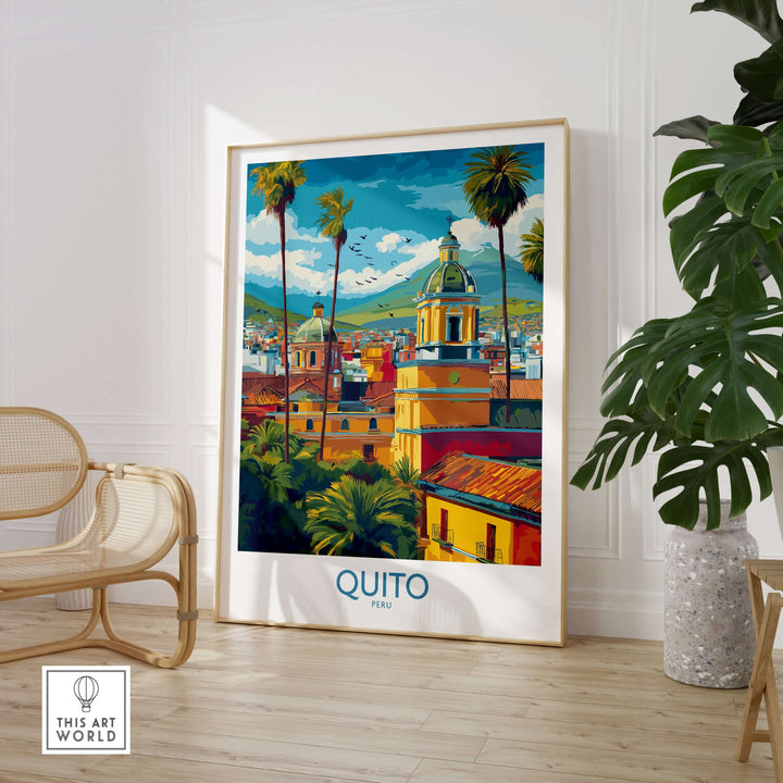 Vibrant Quito cityscape poster showcasing colonial churches and Andean mountains, perfect wall art for travel enthusiasts.