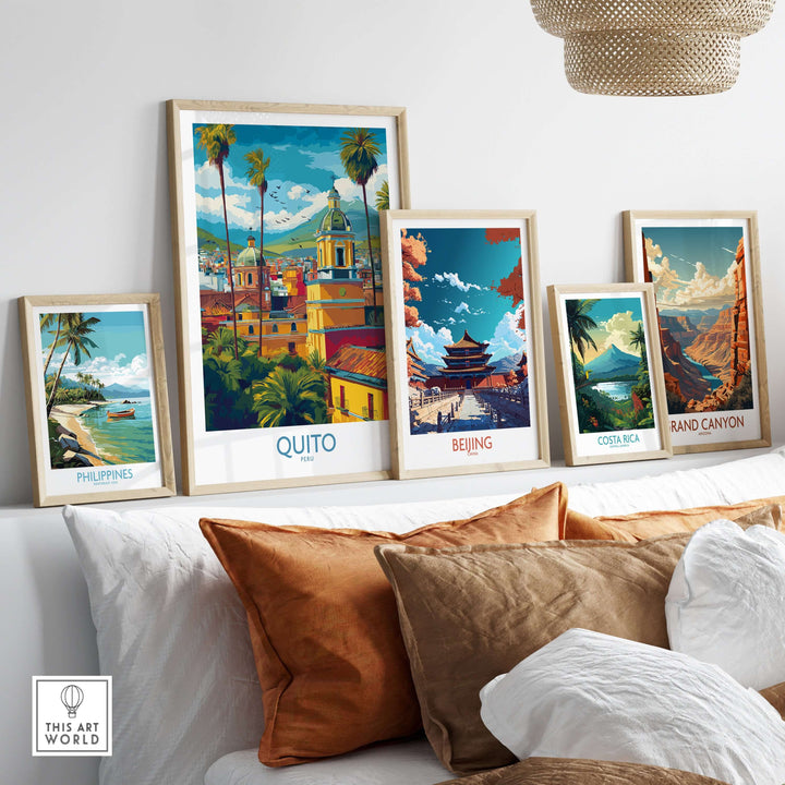 Colorful travel posters of Quito, Beijing, Costa Rica, Philippines, and Grand Canyon displayed in a cozy living room.