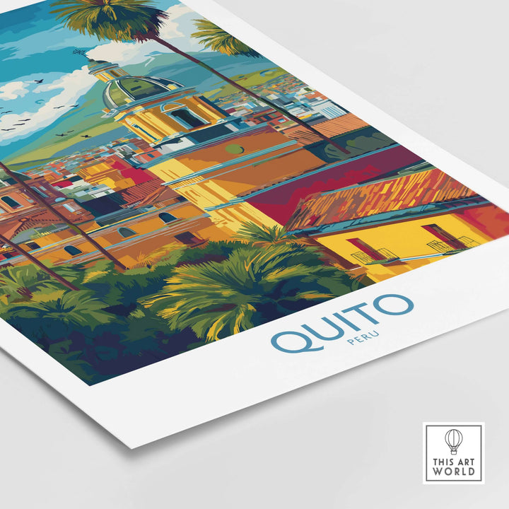 Colorful Quito travel print showcasing colonial churches, palm trees, and Andean mountains in vibrant wall art.