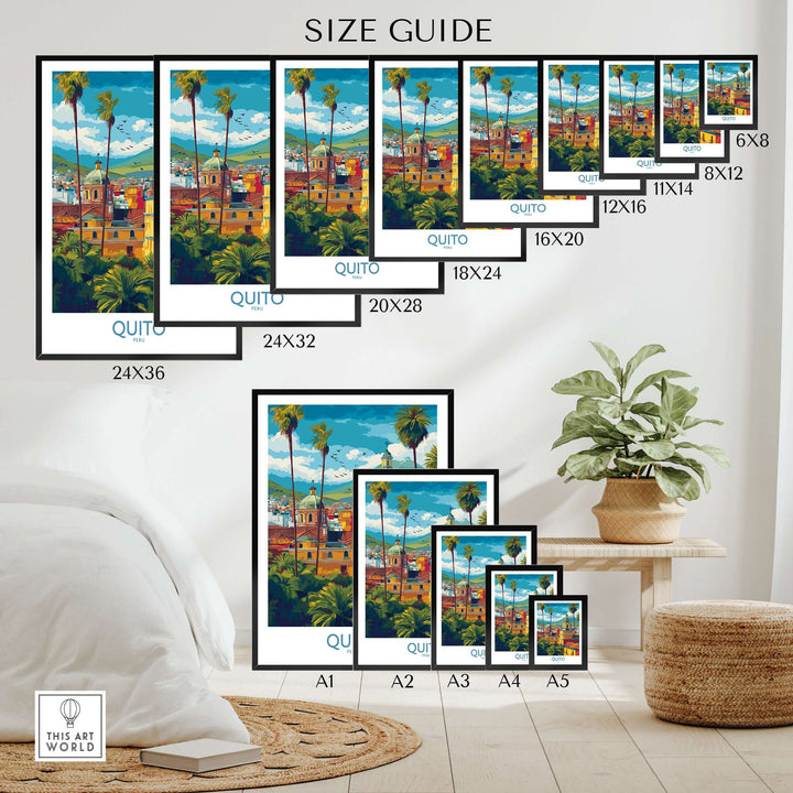 Size guide for Quito cityscape travel print poster featuring colorful buildings and palm trees.