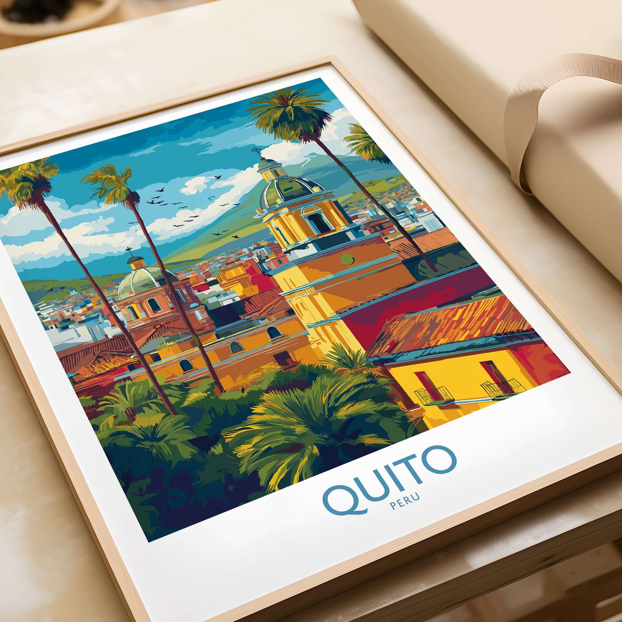Ecuador Quito Cityscape Travel Print Poster Colonial Churches Andes Mountain Wall Art featuring colorful architecture and palm trees.