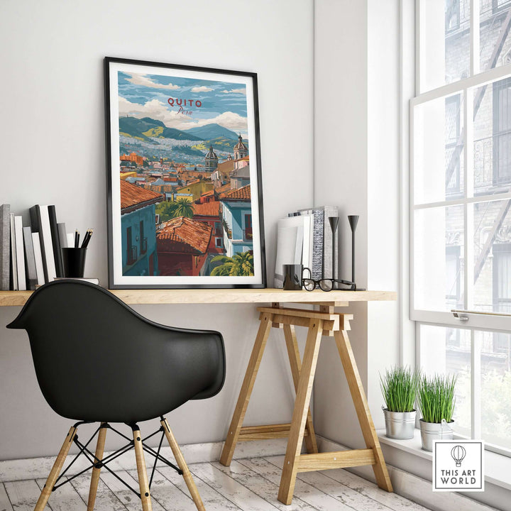 Quito Ecuador travel print poster showcasing cityscape and Andes hills, ideal wall art decor for home or office.