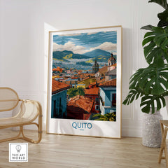 Ecuador Quito Rooftops Travel Poster City View Print Andes Landscape Wall Art South America displayed in interior decor.