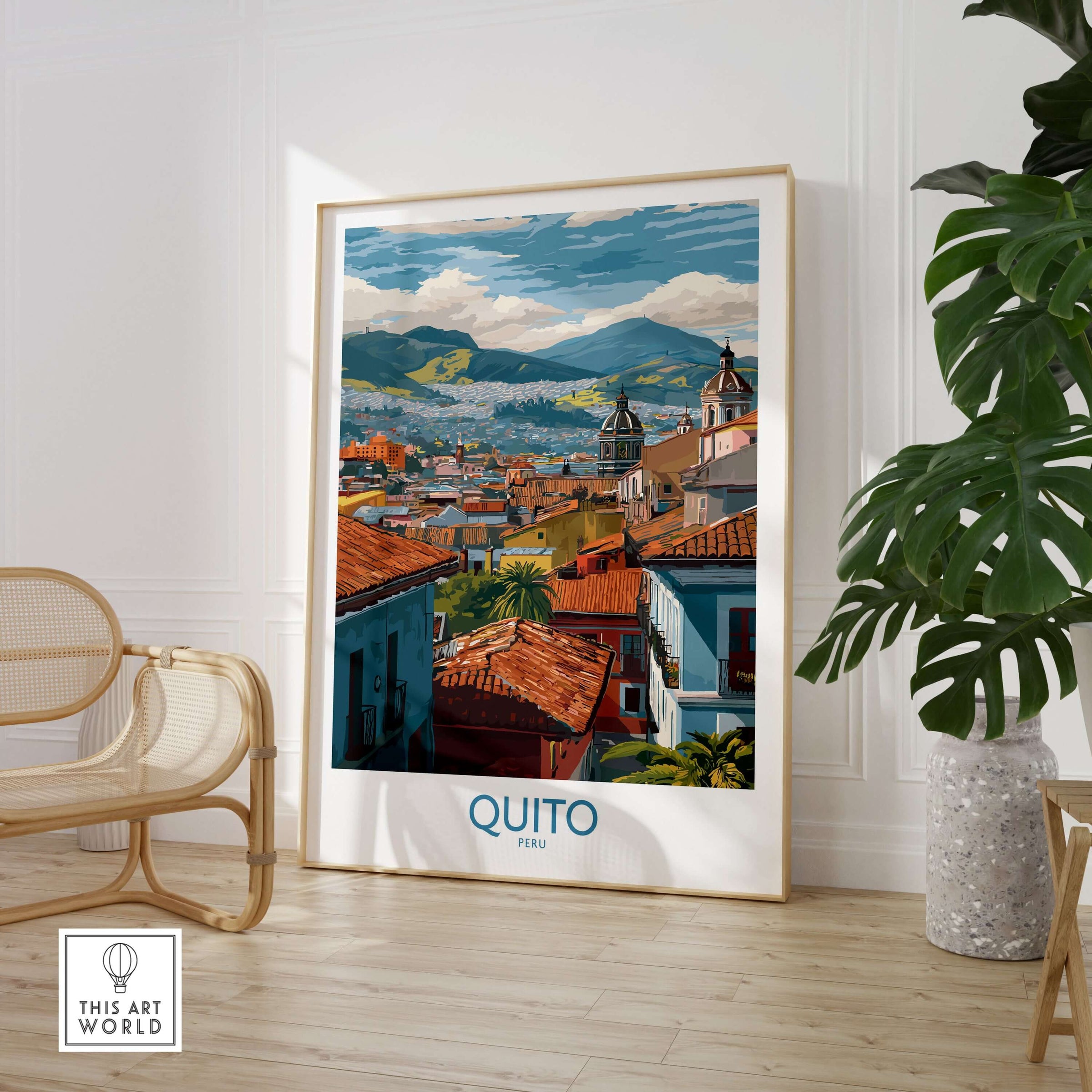 Ecuador Quito Rooftops Travel Poster City View Print Andes Landscape Wall Art South America displayed in interior decor.
