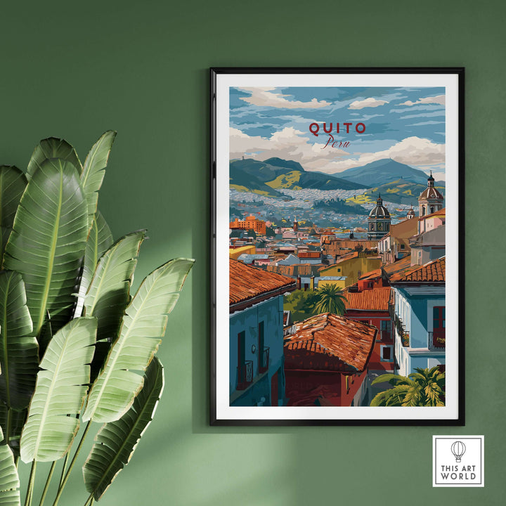 Quito Ecuador travel print poster featuring colorful rooftops and Andean hills, perfect wall art decor.