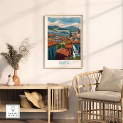 Ecuador Quito Rooftops Travel Poster City View Print Andes Landscape Wall Art South America displayed in a cozy interior.