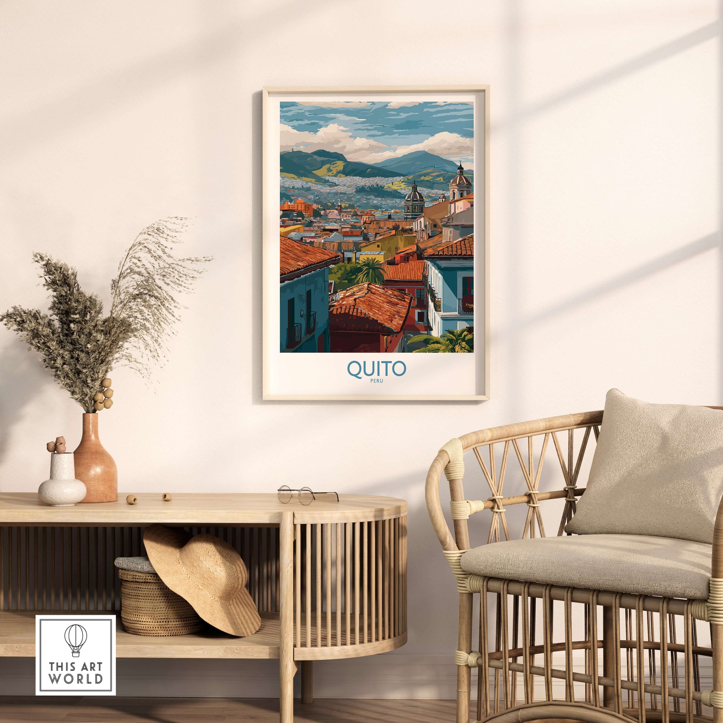 Ecuador Quito Rooftops Travel Poster City View Print Andes Landscape Wall Art South America displayed in a cozy interior.