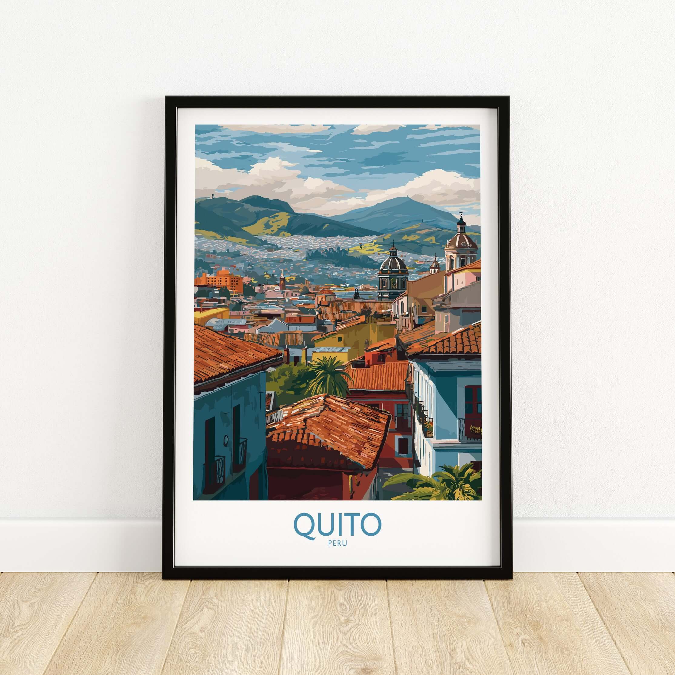 Ecuador Quito Rooftops Travel Poster City View Print Andes Landscape Wall Art South America