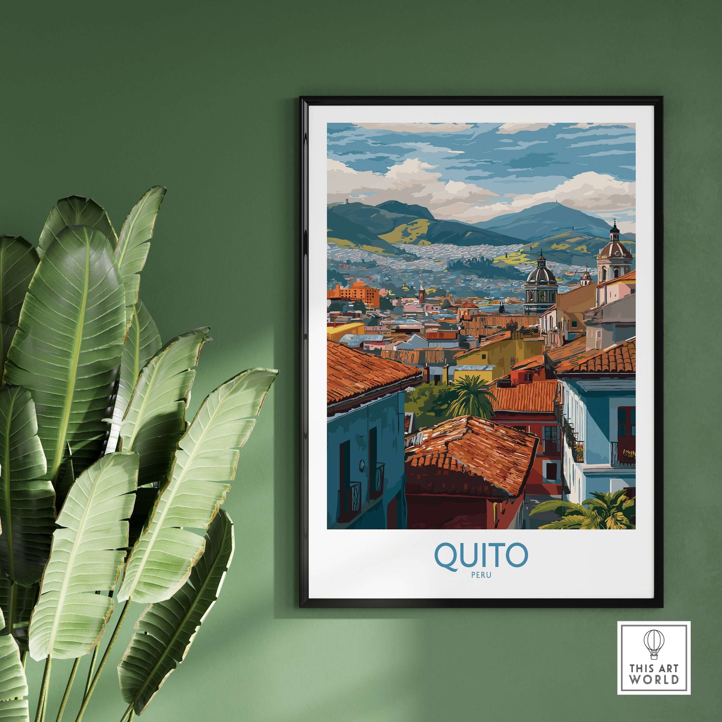 Ecuador Quito Rooftops Travel Poster City View Print Andes Landscape Wall Art South America featuring colorful rooftops