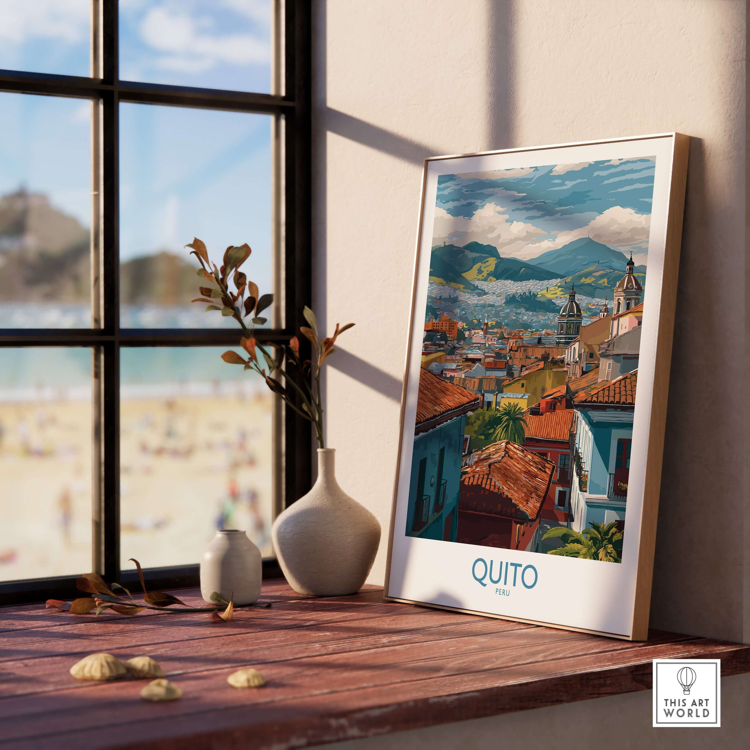 Ecuador Quito Rooftops Travel Poster City View Print Andes Landscape Wall Art South America displayed on a wooden shelf.