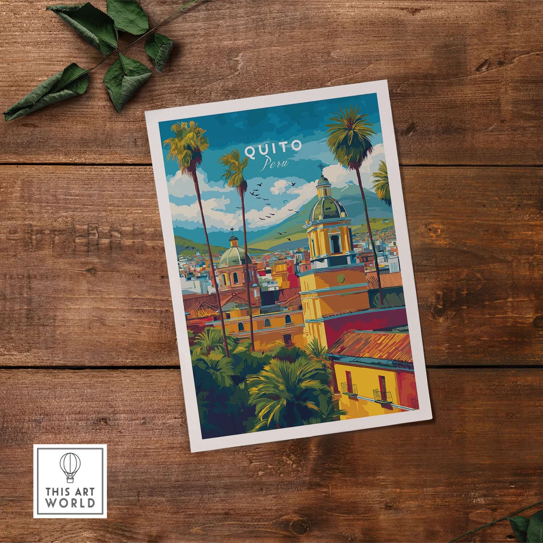 Quito Ecuador Travel Poster Cityscape Print Churches Palm Trees Andes Wall Art Decor on wooden background
