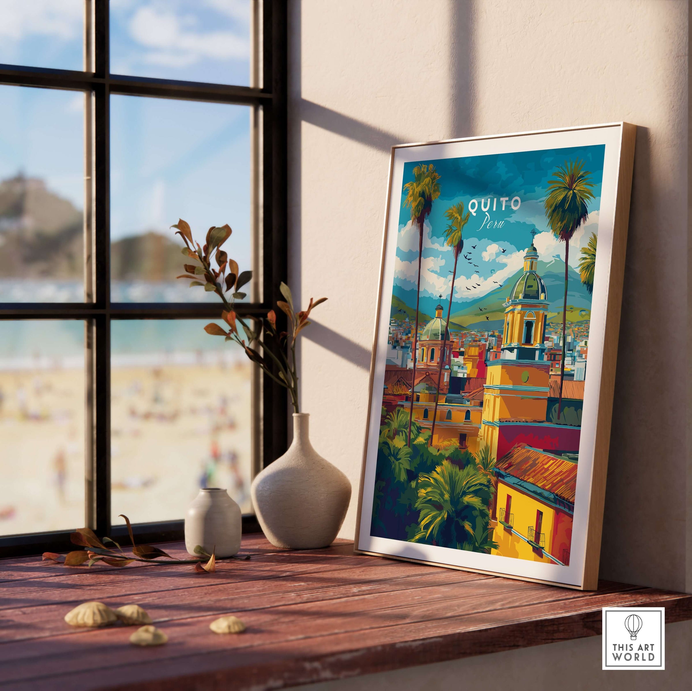 Quito Ecuador Travel Poster Cityscape Print Churches Palm Trees Andes Wall Art Decor on a wooden table near a window.
