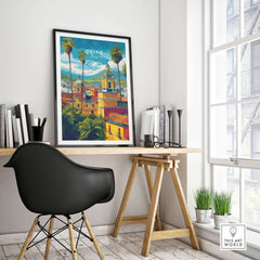 Quito Ecuador Travel Poster Cityscape Print Churches Palm Trees Andes Wall Art Decor in a modern workspace setting.