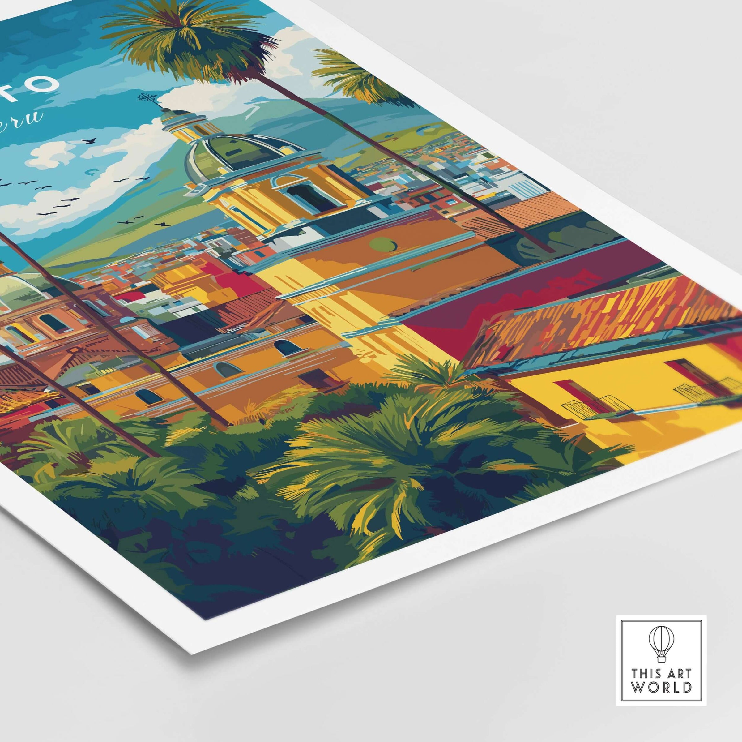Quito Ecuador Travel Poster Cityscape Print Churches Palm Trees Andes Wall Art Decor vibrant cityscape with palm trees and churches
