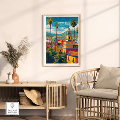 Quito Ecuador Travel Poster Cityscape Print Churches Palm Trees Andes Wall Art Decor displayed in a stylish interior setting.