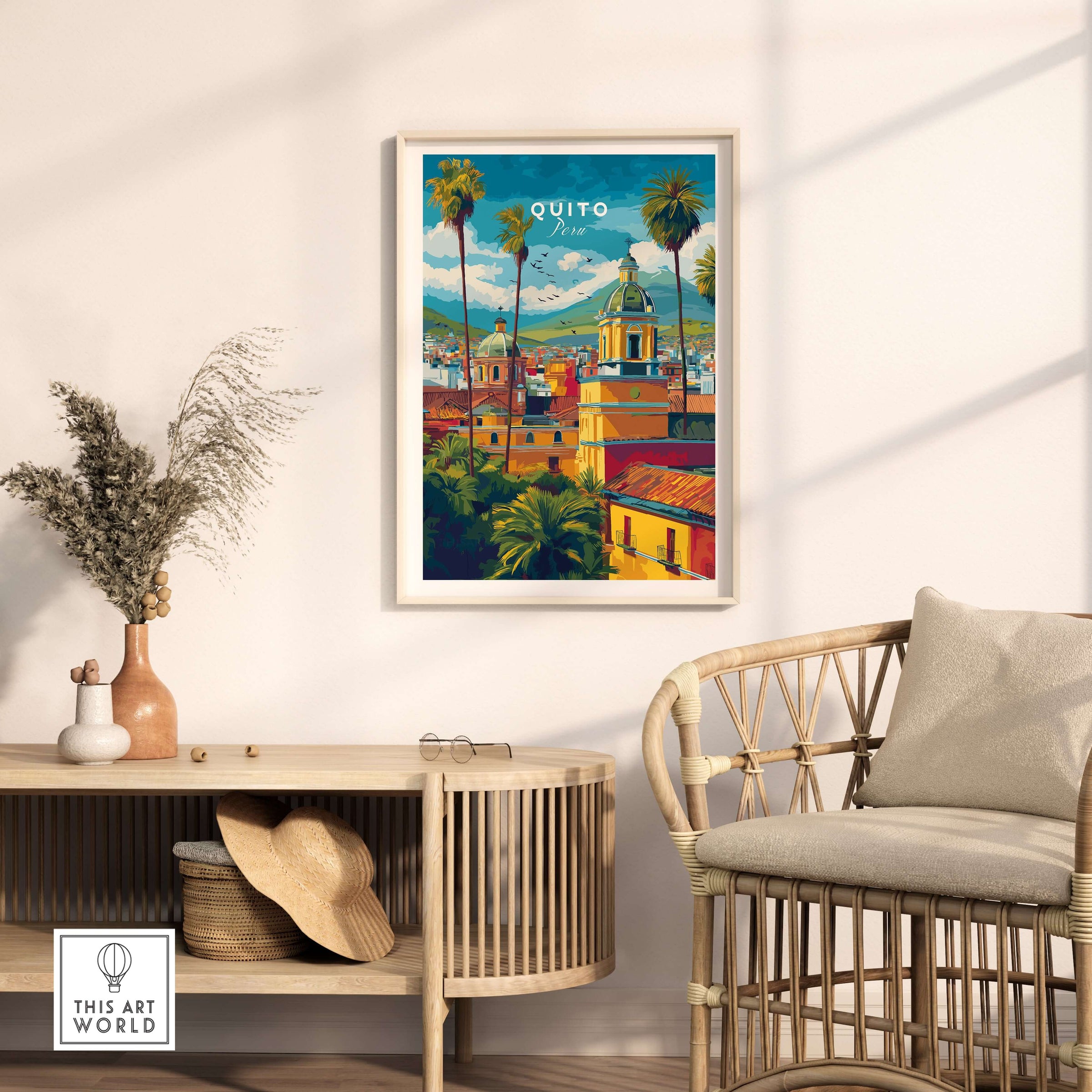 Quito Ecuador Travel Poster Cityscape Print Churches Palm Trees Andes Wall Art Decor displayed in a stylish interior setting.
