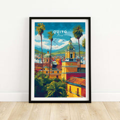 Quito Ecuador Travel Poster Cityscape Print Churches Palm Trees Andes Wall Art Decor featuring vibrant cityscape and lush greenery