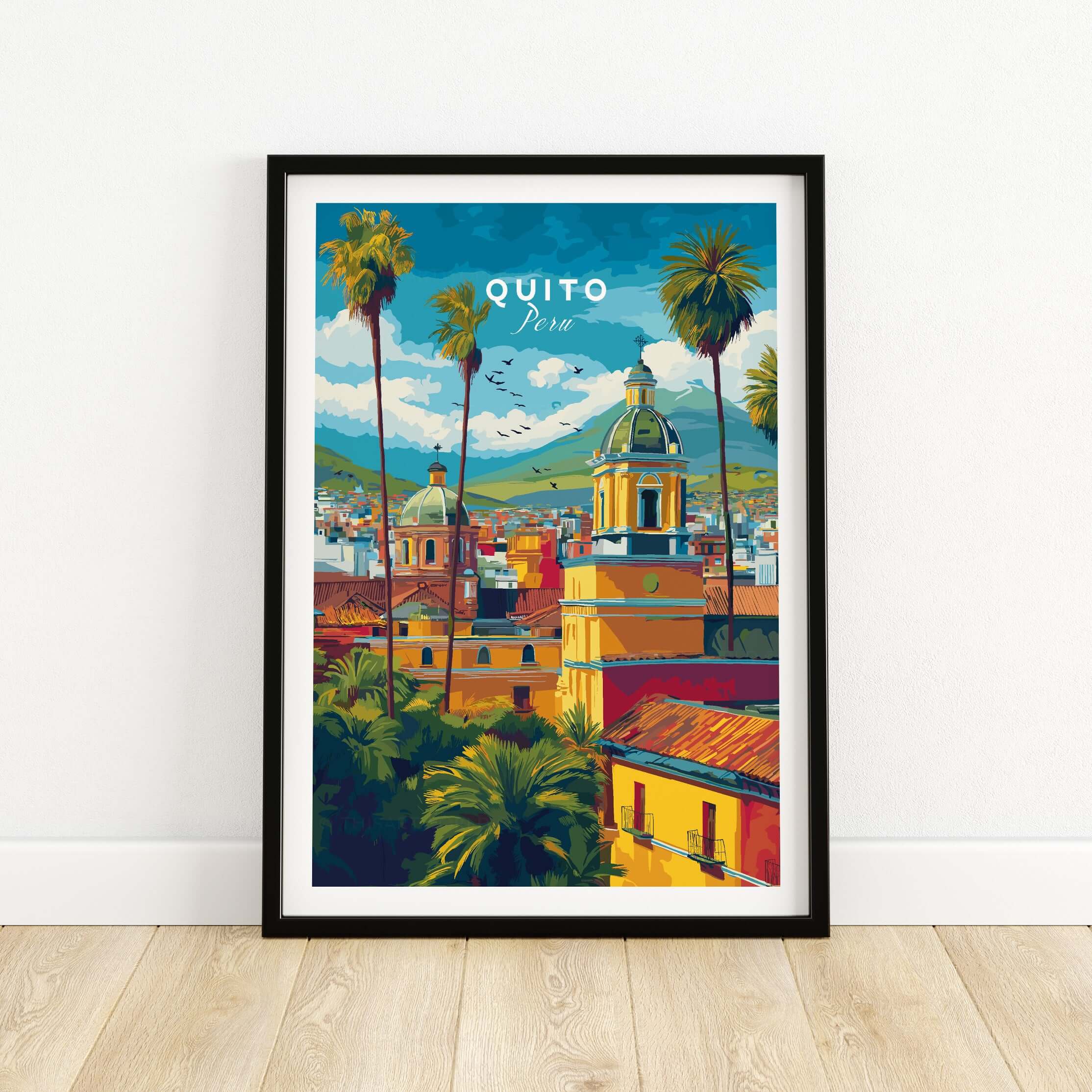 Quito Ecuador Travel Poster Cityscape Print Churches Palm Trees Andes Wall Art Decor featuring vibrant cityscape and lush greenery