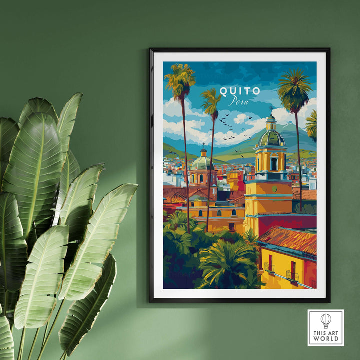Colorful Quito Ecuador travel poster featuring churches, palm trees, and the Andes mountains in vibrant wall art decor.