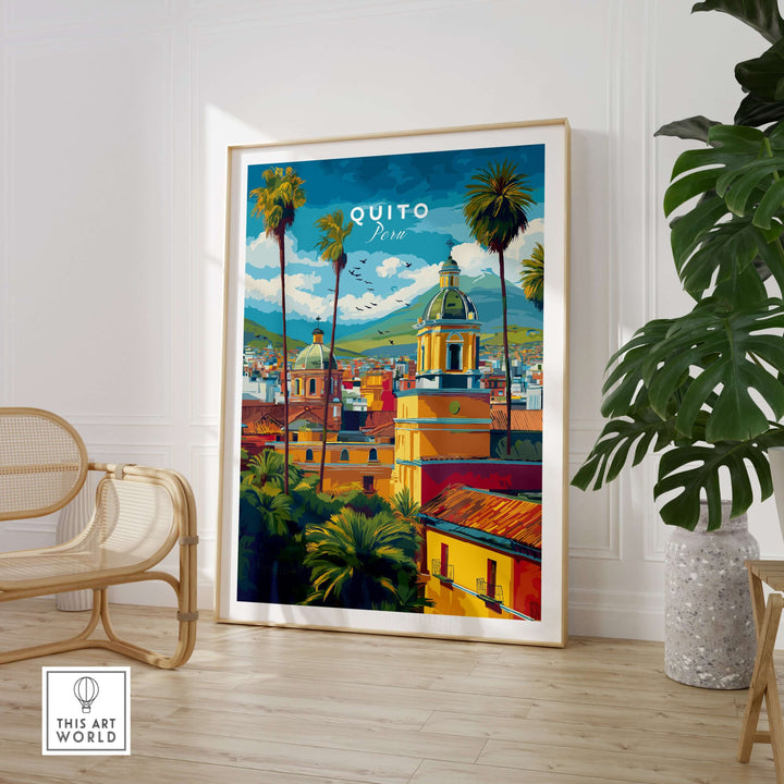 Quito Ecuador travel poster featuring palm trees, churches, and Andes mountains, vibrant cityscape wall art decor.