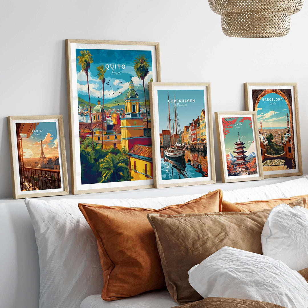 Quito Ecuador travel poster featuring cityscape, churches, palm trees, and Andes mountains in a stylish home decor display.