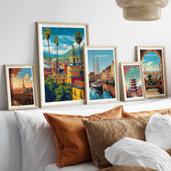 Quito Ecuador Travel Poster Cityscape Print Churches Palm Trees Andes Wall Art Decor displayed on a stylish wall.