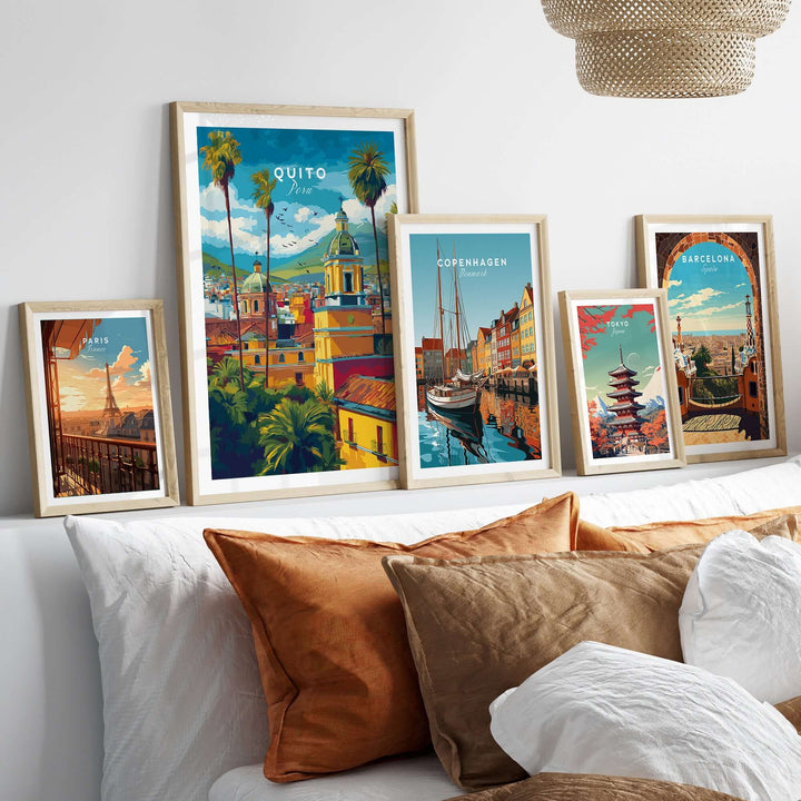 Quito Ecuador travel poster featuring cityscape, churches, palm trees, and Andes mountains in a stylish home decor display.