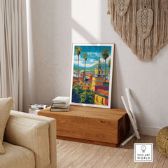 Quito Ecuador Travel Poster Cityscape Print Churches Palm Trees Andes Wall Art Decor displayed in a cozy living room.