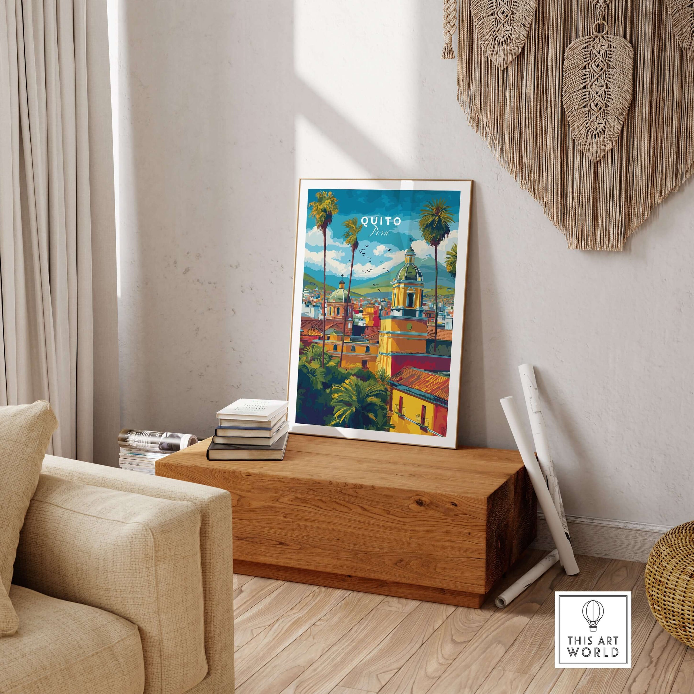 Quito Ecuador Travel Poster Cityscape Print Churches Palm Trees Andes Wall Art Decor displayed in a cozy living room.