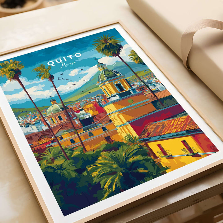 Colorful Quito Ecuador travel poster showcasing churches, palm trees, and the Andes mountains in vibrant art style.