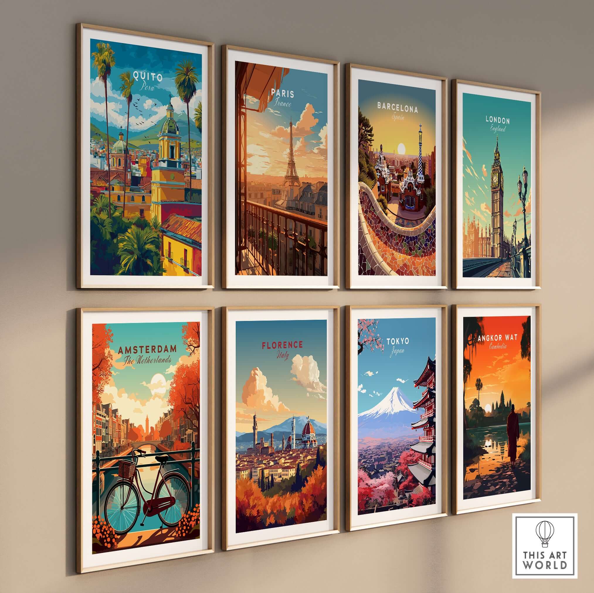 Quito Ecuador Travel Poster Cityscape Print Churches Palm Trees Andes Wall Art Decor in a collage of travel posters.