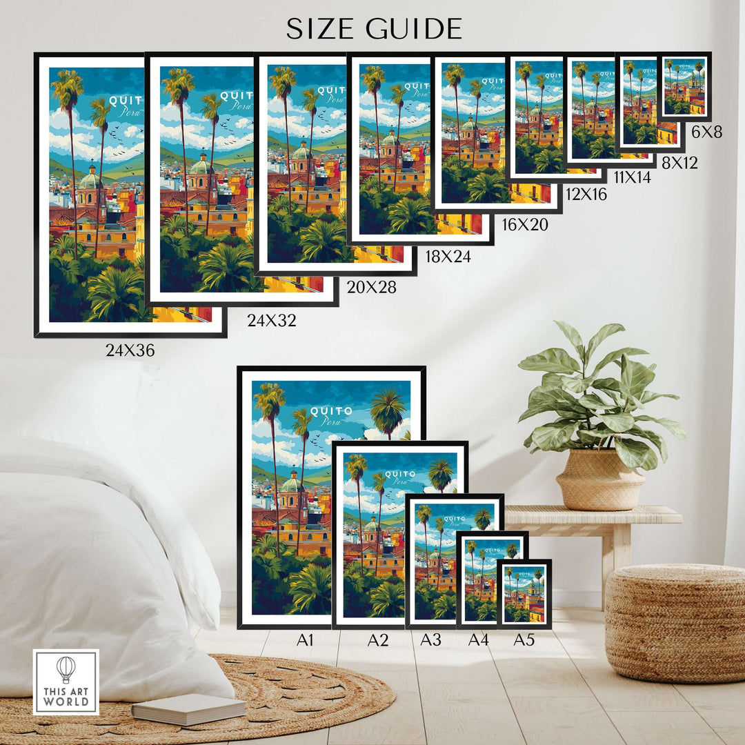 Size guide for Quito Ecuador travel poster featuring cityscape, palm trees, and Andes mountains in various print sizes.
