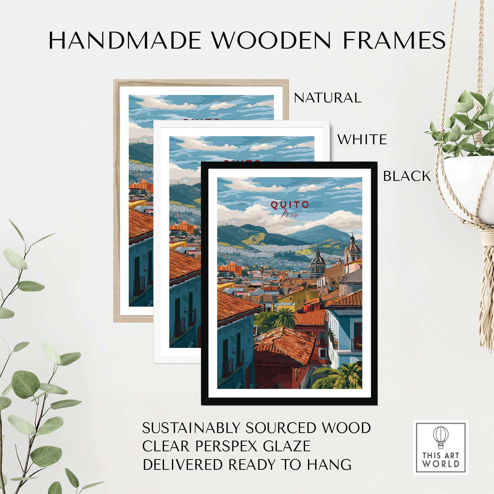 Quito Ecuador Travel Print Rooftop View Poster Cityscape Andes Hills Wall Art Decor framed in handmade wooden frames.