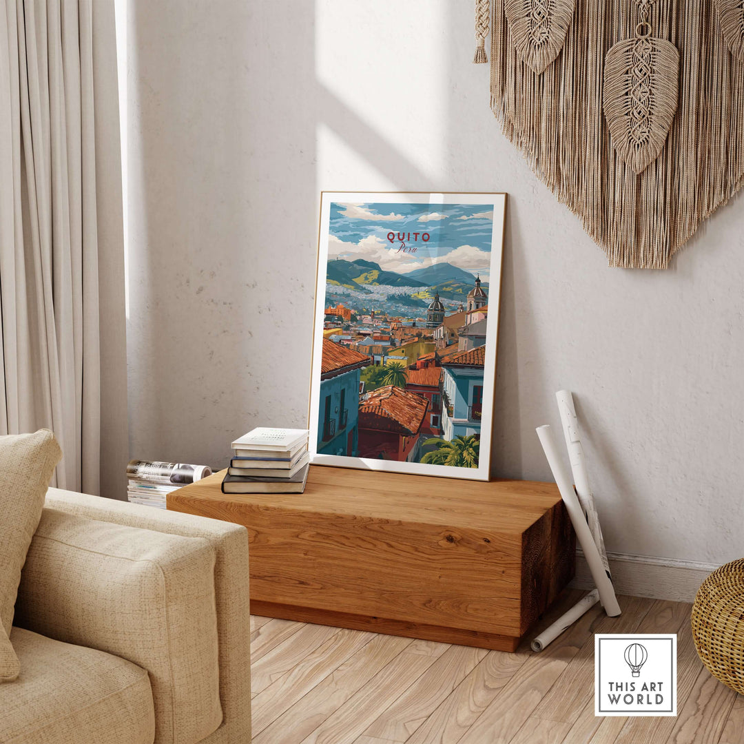 Quito Ecuador rooftop view poster featuring colorful cityscape and Andes mountains, perfect wall art decor.