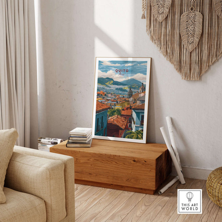 Quito Ecuador rooftop view poster featuring colorful cityscape and Andes mountains, perfect wall art decor.