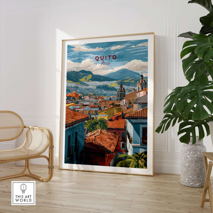 Quito Ecuador cityscape poster featuring rooftop view, colorful buildings, and Andean mountains, perfect wall art decor.