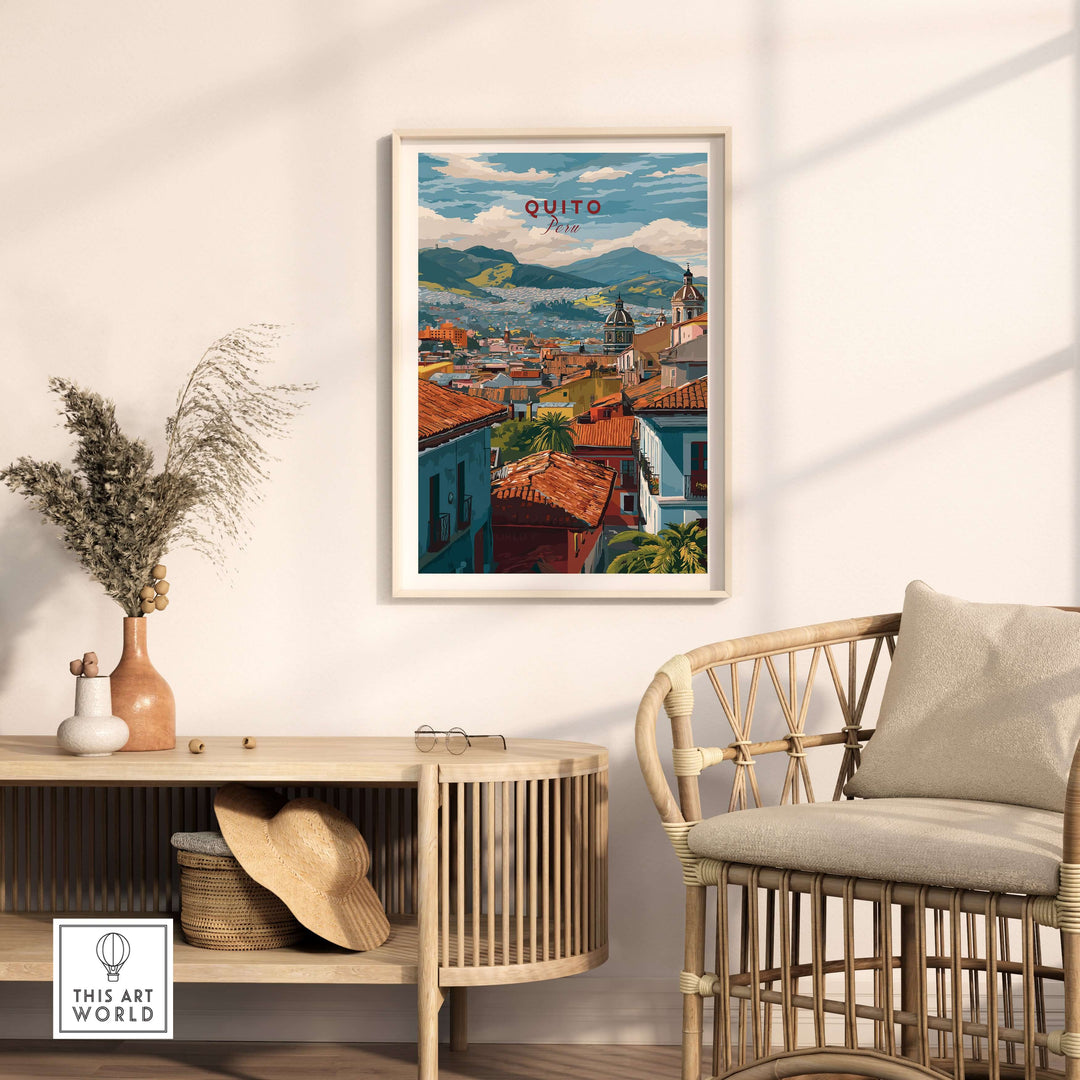 Quito Ecuador rooftop cityscape travel print poster with colorful buildings and Andes Mountains wall art decor.