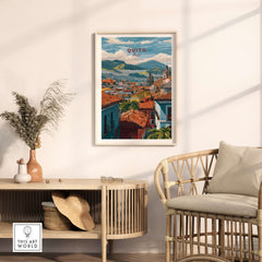 Quito Ecuador Travel Print Rooftop View Poster Cityscape Andes Hills Wall Art Decor showcased on a wall with decor accents.