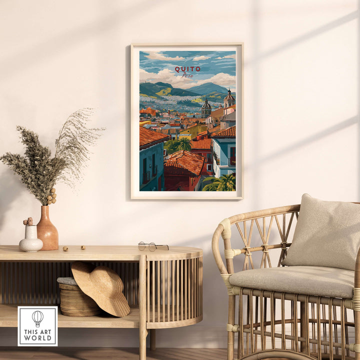 Quito Ecuador rooftop cityscape travel print poster with colorful buildings and Andes Mountains wall art decor.