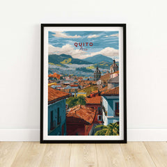 Quito Ecuador Travel Print Rooftop View Poster Cityscape Andes Hills Wall Art Decor featuring colorful rooftops and mountains.