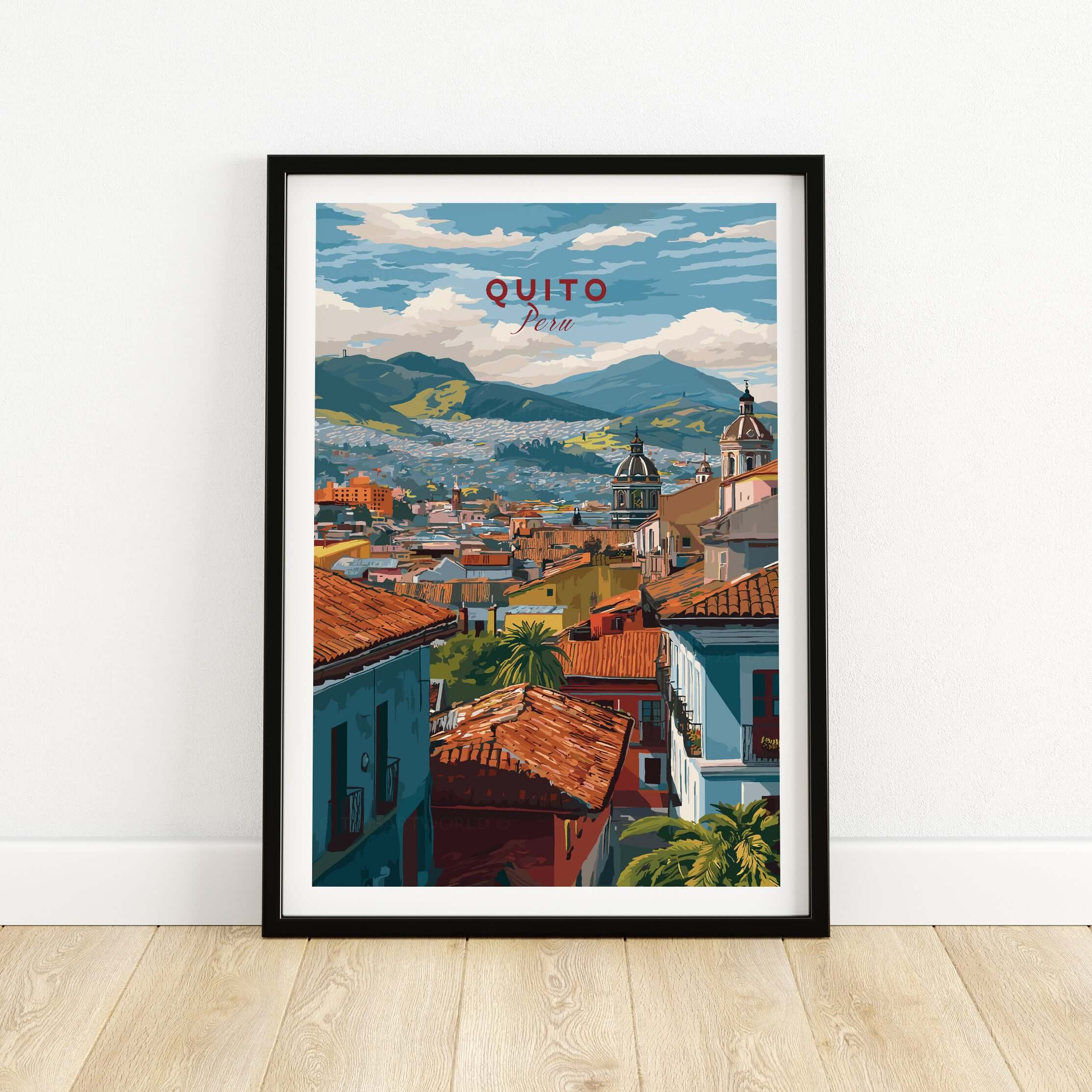 Quito Ecuador Travel Print Rooftop View Poster Cityscape Andes Hills Wall Art Decor featuring colorful rooftops and mountains.
