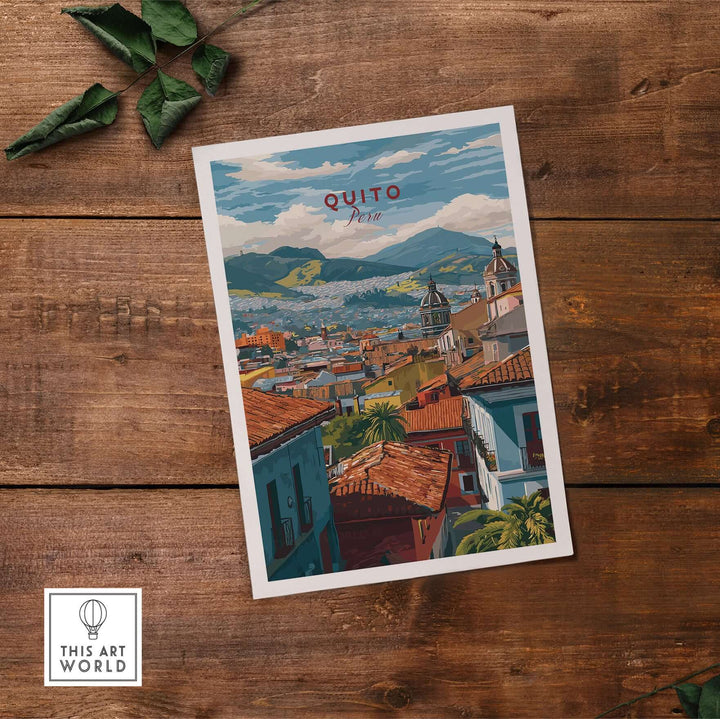 Colorful Quito Ecuador travel print featuring rooftop cityscape and Andean hills under a cloudy sky.