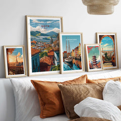 Quito Ecuador Travel Print Rooftop View Poster Cityscape Andes Hills Wall Art Decor displayed in a stylish living room.