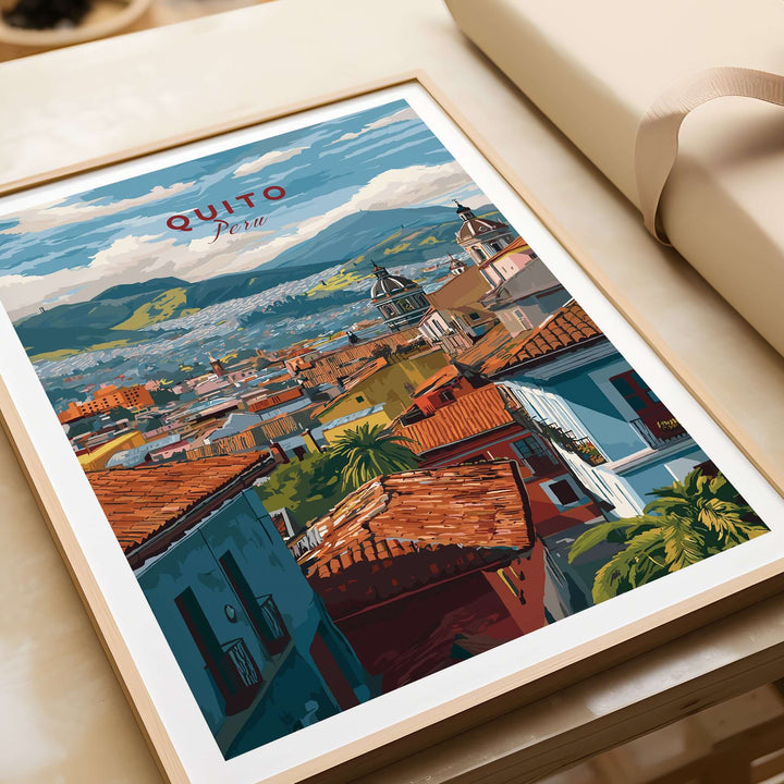 Quito Ecuador travel print featuring colorful cityscape, terracotta roofs, Andean mountains and blue sky.