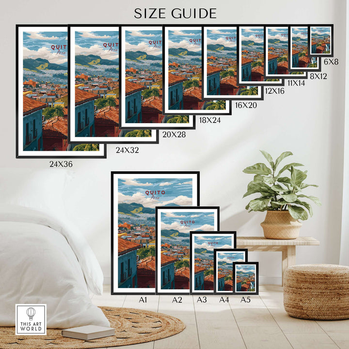 Size guide for Quito Ecuador travel print showcasing rooftop views in various frame sizes and wall decor options.
