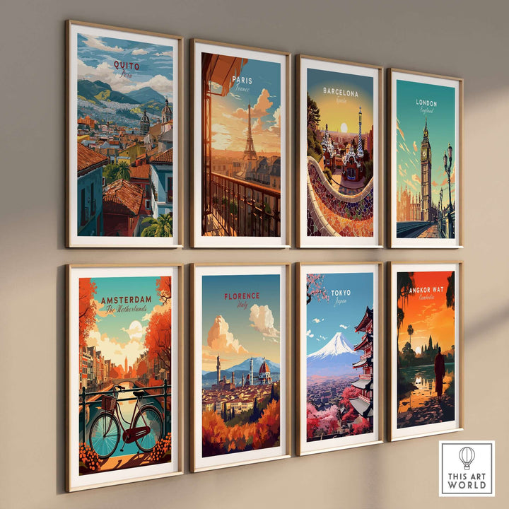 Colorful travel posters of cities including Quito, Paris, Barcelona, London, Amsterdam, Florence, Tokyo, and Angkor Wat.
