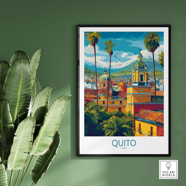 Vibrant Quito Ecuador cityscape print featuring churches, palm trees, and Andean mountains on a green wall.