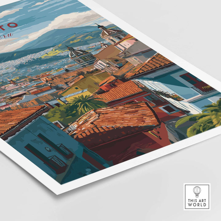 Colorful Quito Ecuador travel print showcasing rooftop view of terracotta buildings and Andean hills.