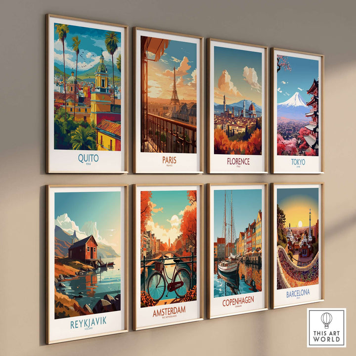 Colorful travel posters of global cities including Quito, Paris, Florence, Tokyo, Reykjavik, Amsterdam, Copenhagen, and Barcelona.