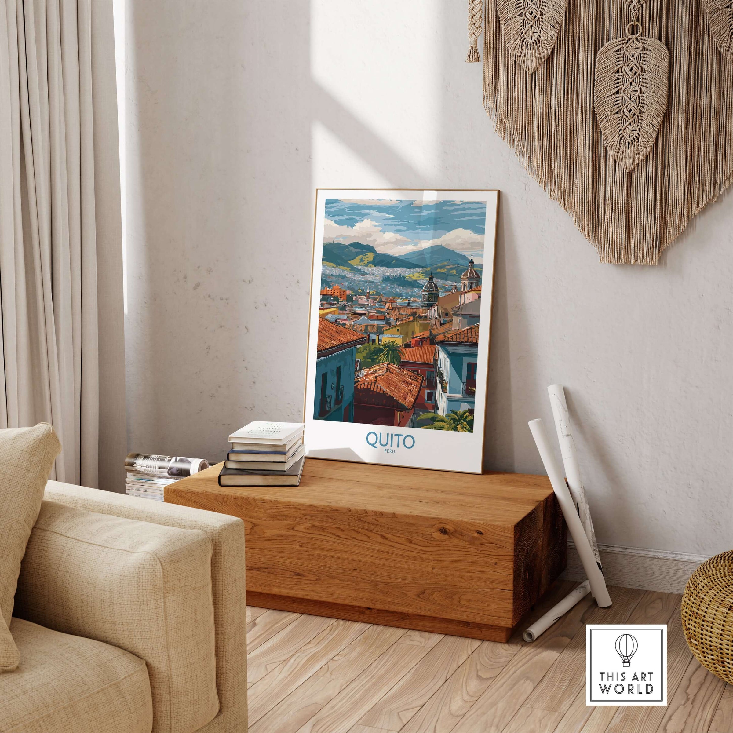 Ecuador Quito Rooftops Travel Poster City View Print Andes Landscape Wall Art South America displayed in living room.